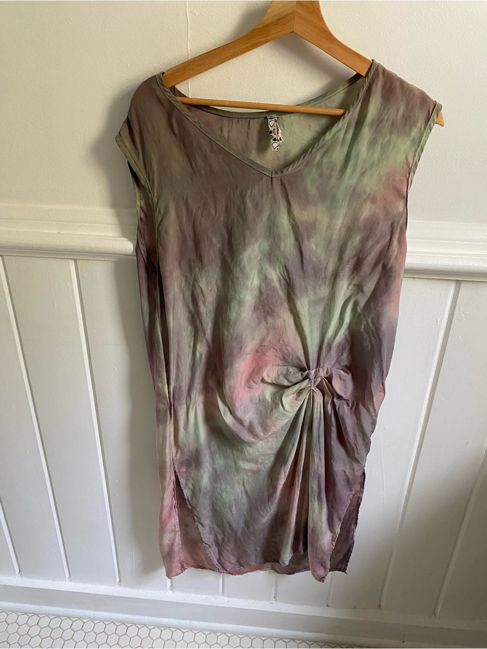 Tie-Dye Knot Front V-Neck Women's Swim Cover-Up in Muted Green and Pink